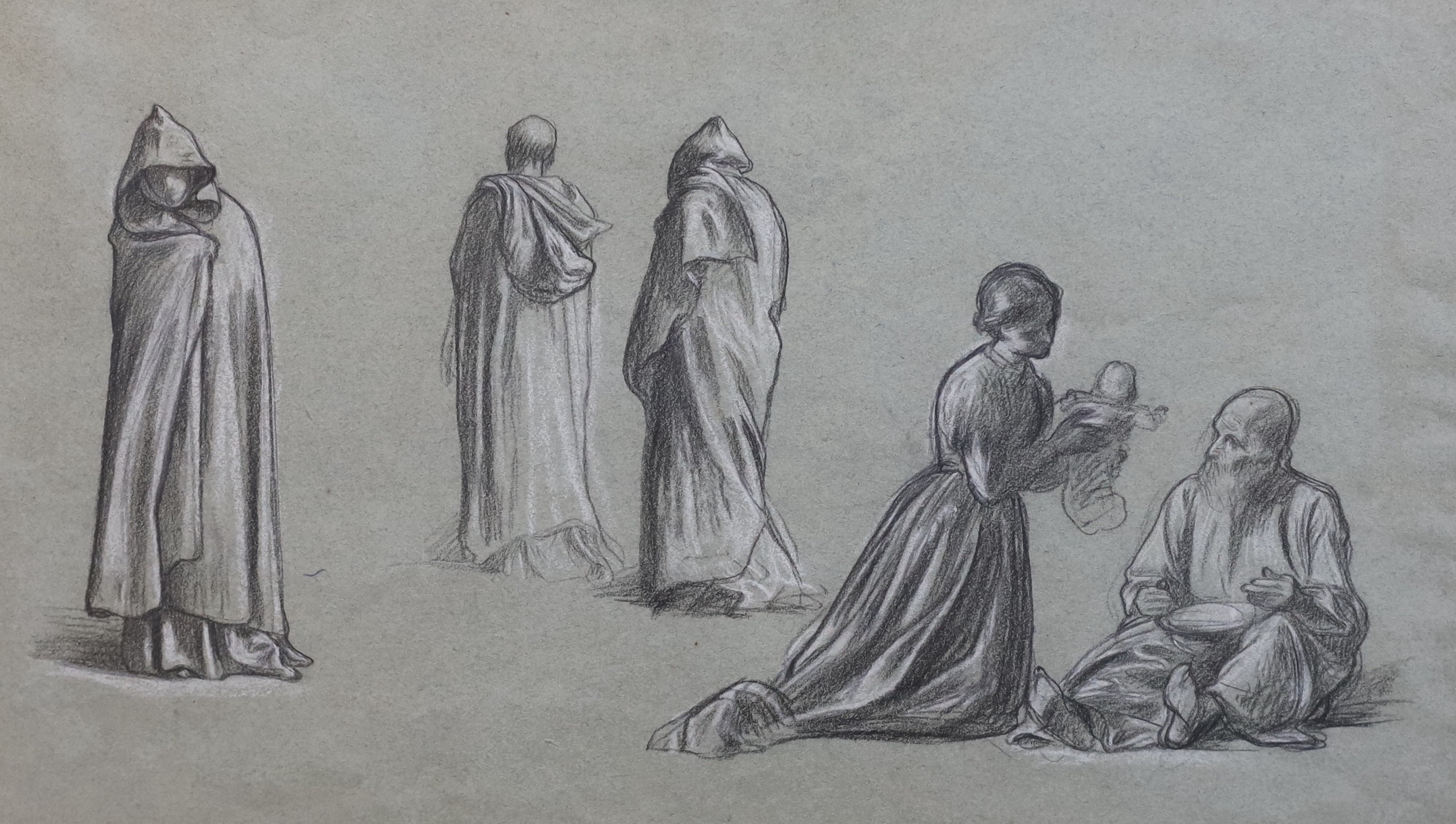 Lord Frederic Leighton, P.R.A. (British, 1830-1896), Studies for Romola, pencil and white chalk on light grey paper, 24 x 40.5cm